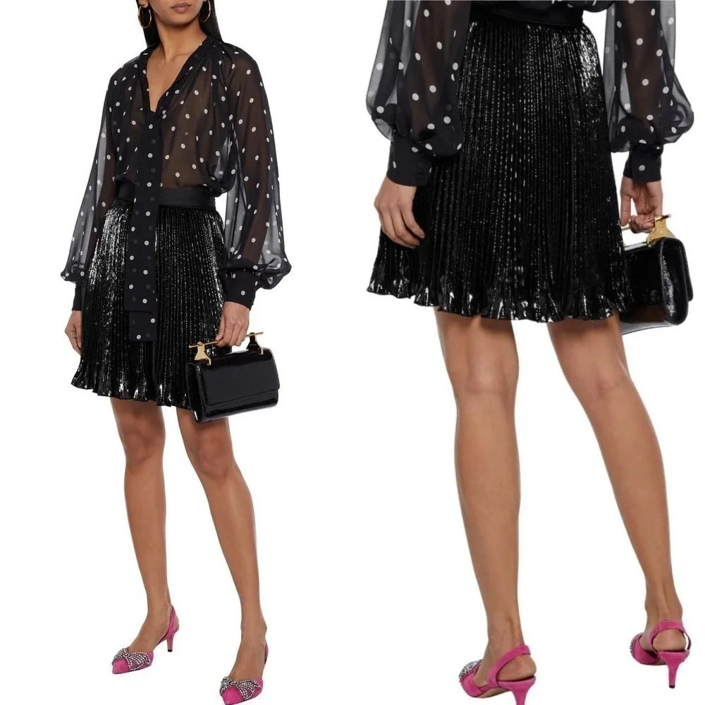 DVF Metallic Pleated Mini Skirt Black Shimmer Party Holiday Sz 6 NWT
